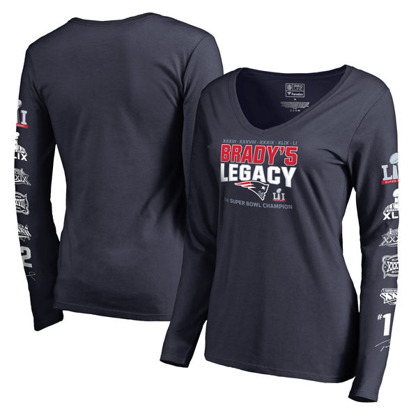Tom Brady New England Patriots Pro Line by Fanatics Branded Women's 5-Time Super Bowl Champions Legacy Long Sleeve V-Neck - Navy